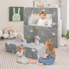 Kids play sofa with ottoman in gray, featuring removable covers, ergonomic design, and glow-in-the-dark elements for.