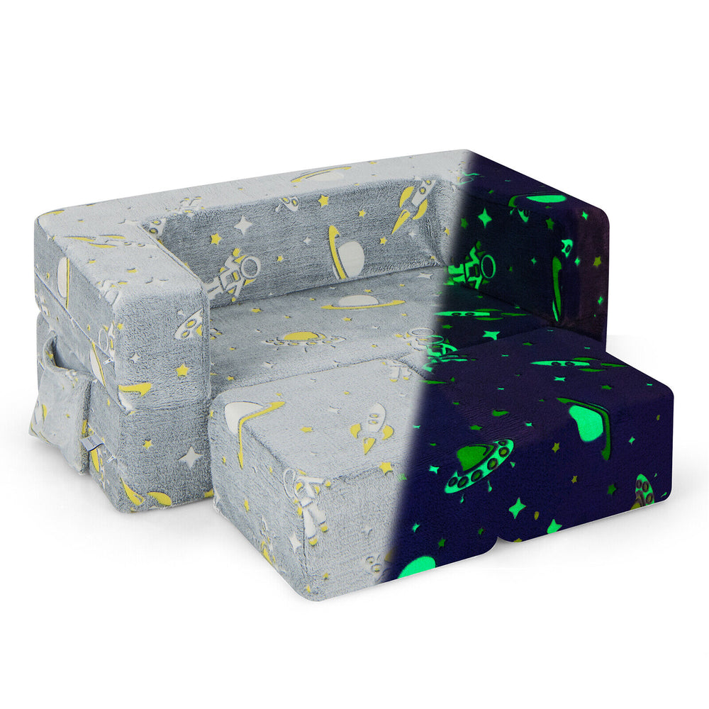 Kids play sofa with ottoman in gray, featuring glow-in-the-dark design and removable, machine washable cover for easy.