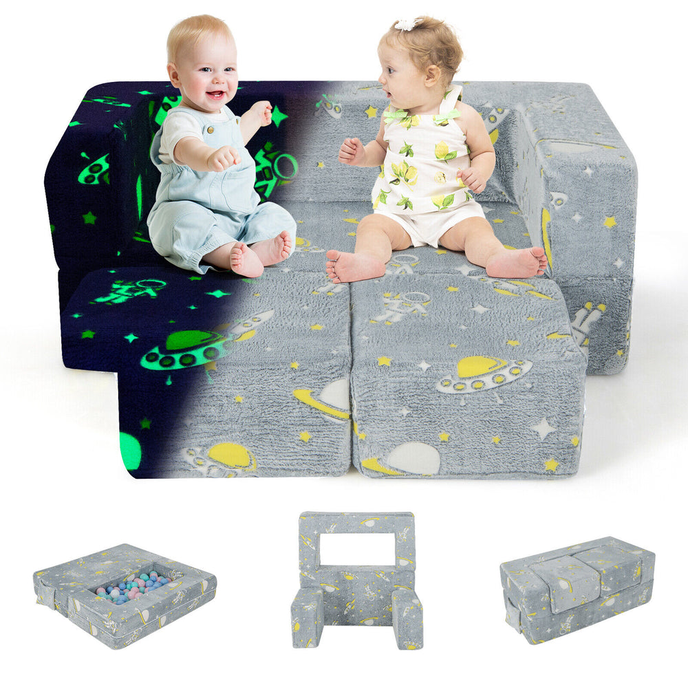 Kids play sofa in gray with removable cover, featuring glow-in-the-dark design, for imaginative and safe play.