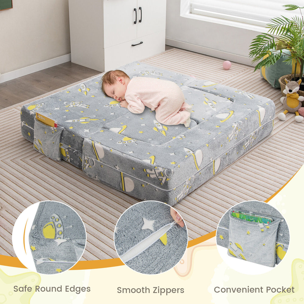 Kids play sofa in gray with removable cover, featuring safe round edges and ergonomic design for comfort and fun.