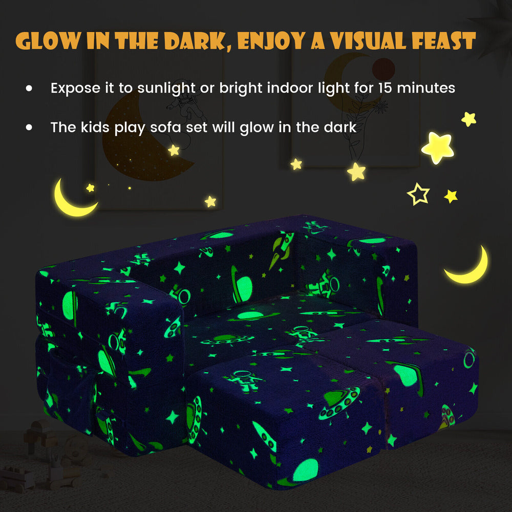 Kids play sofa in gray with glow-in-the-dark design, ideal for imaginative play and cozy relaxation for ages 3+.