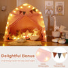 Extra large pink kids play tent with string lights and colorful pennant flags, perfect for indoor play and reading.