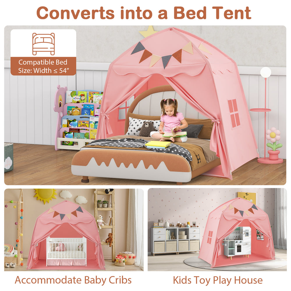 Extra large pink kids play tent with string lights, converts into a bed tent for beds under 54" wide, perfect for.