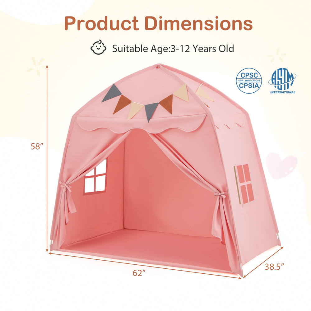 Pink kids play tent with boho design, string lights, and flags; spacious interior for playtime or as a bed tent.