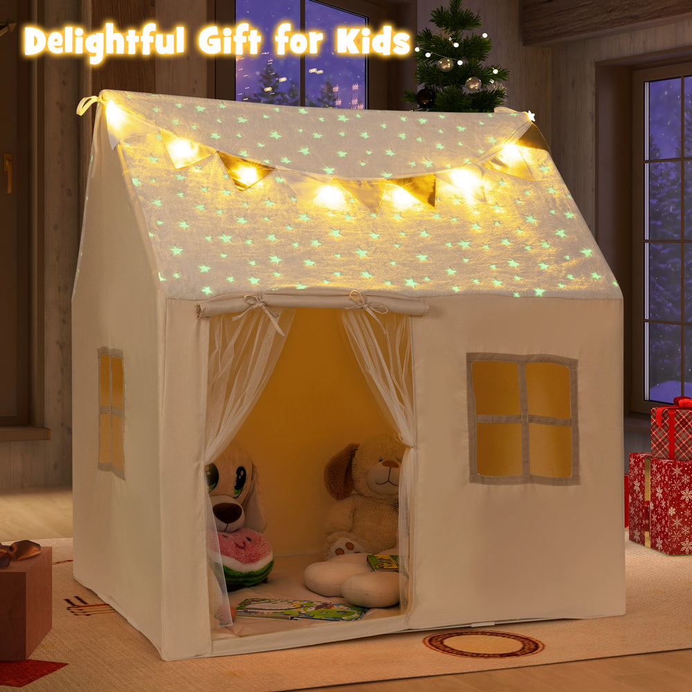 Kids play tent with glow in the dark stars, featuring a roll-up door and cozy mat, perfect for imaginative play.