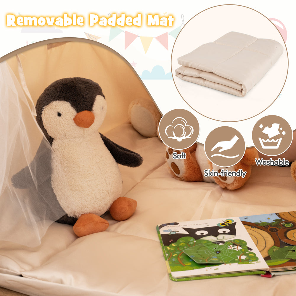 Kids play tent with removable padded mat, featuring glow in the dark stars, cozy flannel fabric, and breathable design.