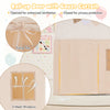 Kids play tent with roll-up door and gauze curtain, featuring breathable mesh windows for enhanced airflow.