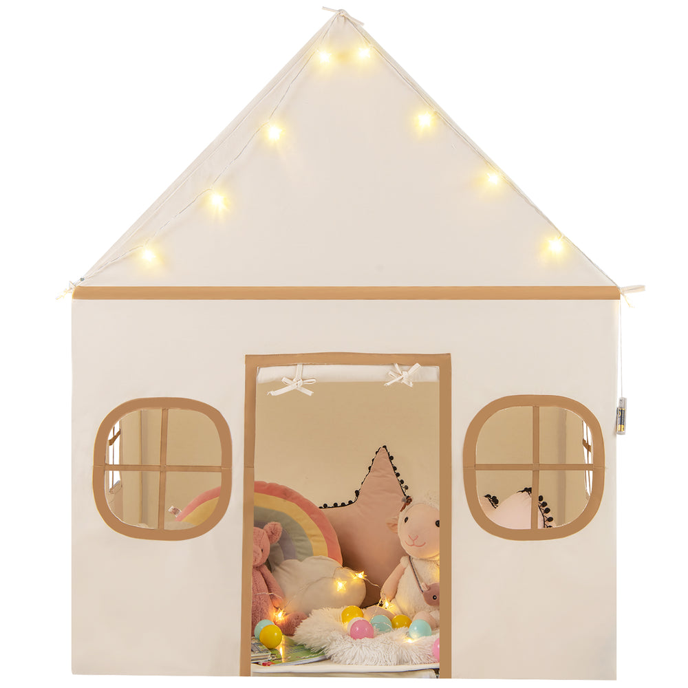Large kids play tent with door curtain and windows, featuring star lights, perfect for playrooms and reading nooks.