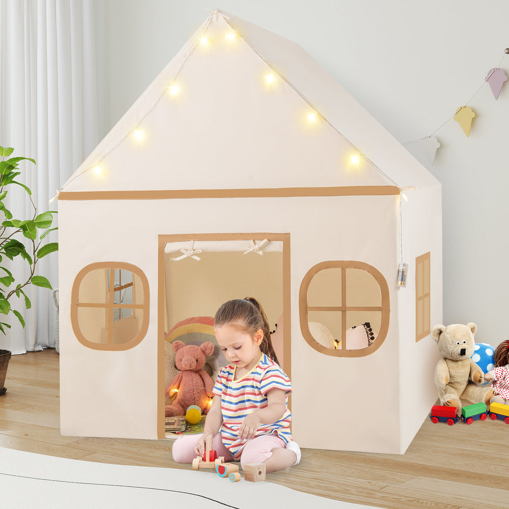 Kids Play Tent Large Playhouse with Door Curtain and Windows Star Lights-Coffee - Gallery View 1 of 10