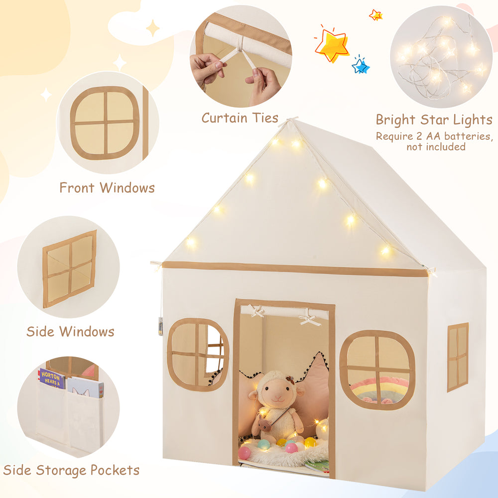 Kids play tent with door curtain and windows, featuring star lights, suitable for playrooms and children's rooms.