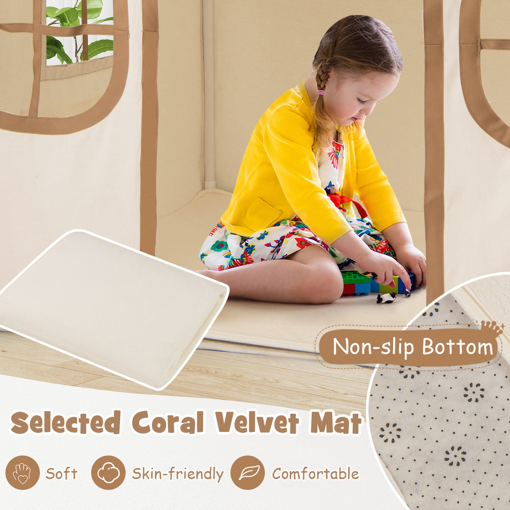 Selected coral velvet mat with non-slip bottom, ideal for kids' play tent, providing comfort and safety during playtime.