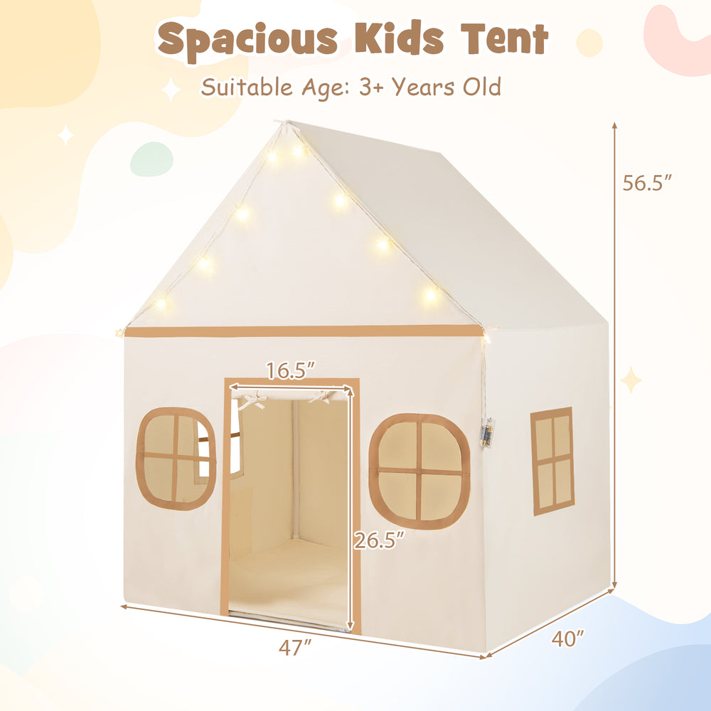 Large kids play tent with door curtain and windows, featuring star lights, suitable for 3 children, ideal for playrooms.