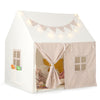 Kids play tent in beige with padded mat, breathable windows, and decorative curtains, perfect for playrooms or bedrooms.