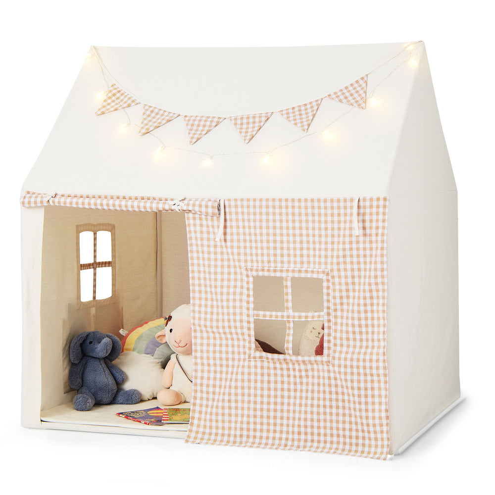 Kids play tent with beige fabric, padded mat, and breathable windows, perfect for playrooms or bedrooms.