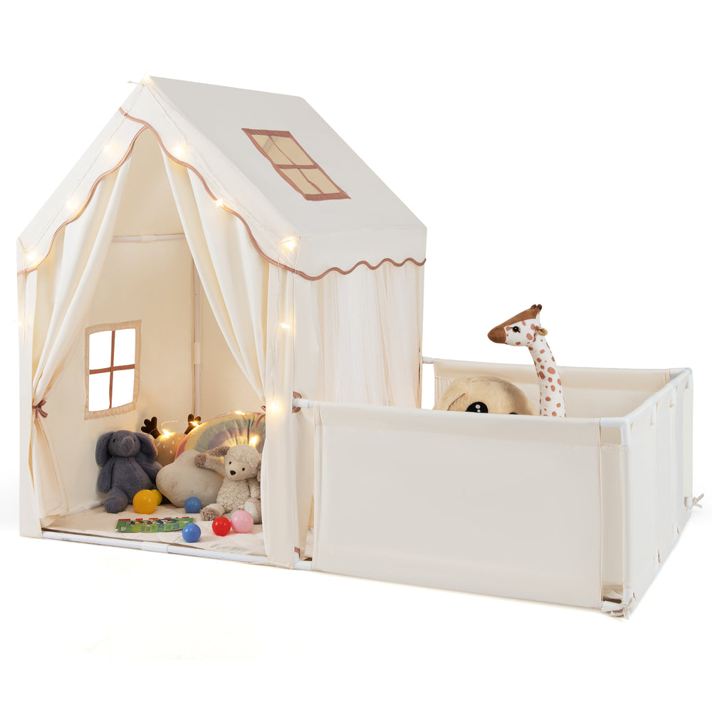 Kids play tent with playpen in beige, featuring breathable mesh windows and cozy interior for independent play.