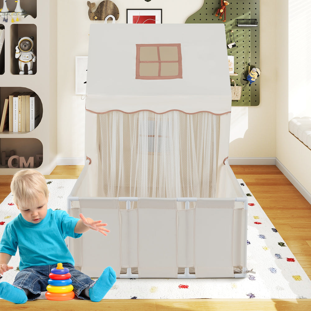 Kids play tent with playpen in beige, showcasing a front tie-rope door and mesh curtain for easy access and airflow.