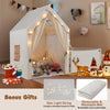 Kids play tent with beige fabric, removable mat, and star light string, perfect for cozy playtime and independent fun.