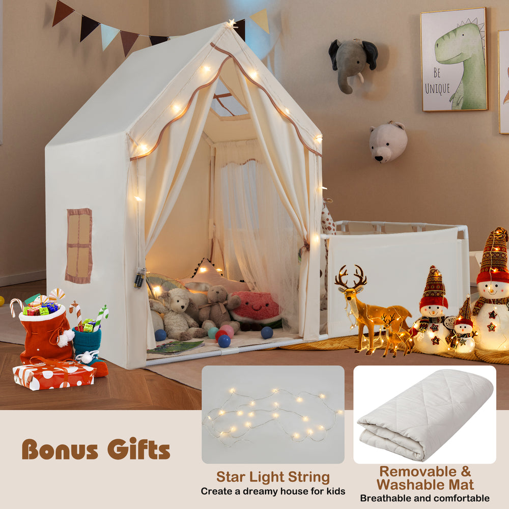 Kids play tent with beige fabric, removable mat, and star light string, perfect for cozy playtime and independent fun.