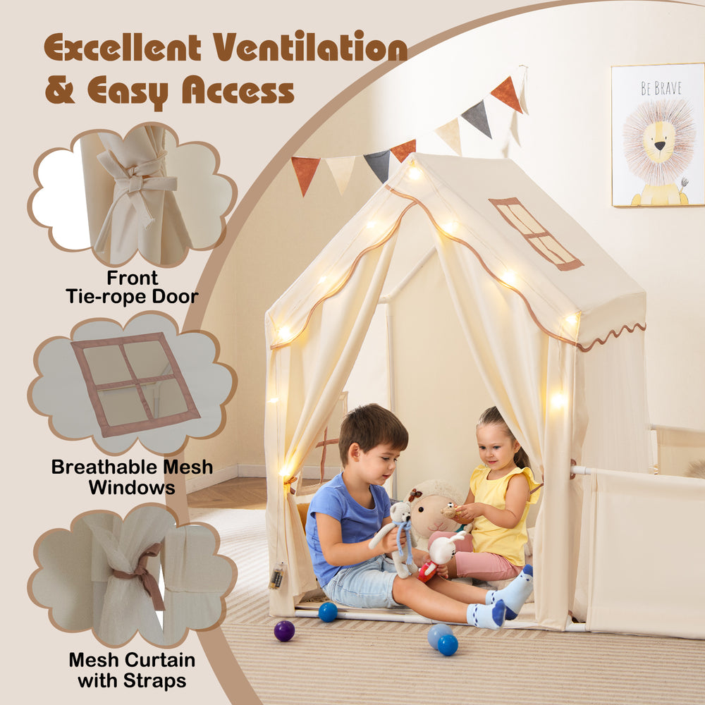 Kids play tent with breathable mesh windows and front tie-rope door, perfect for cozy playtime and independent fun.