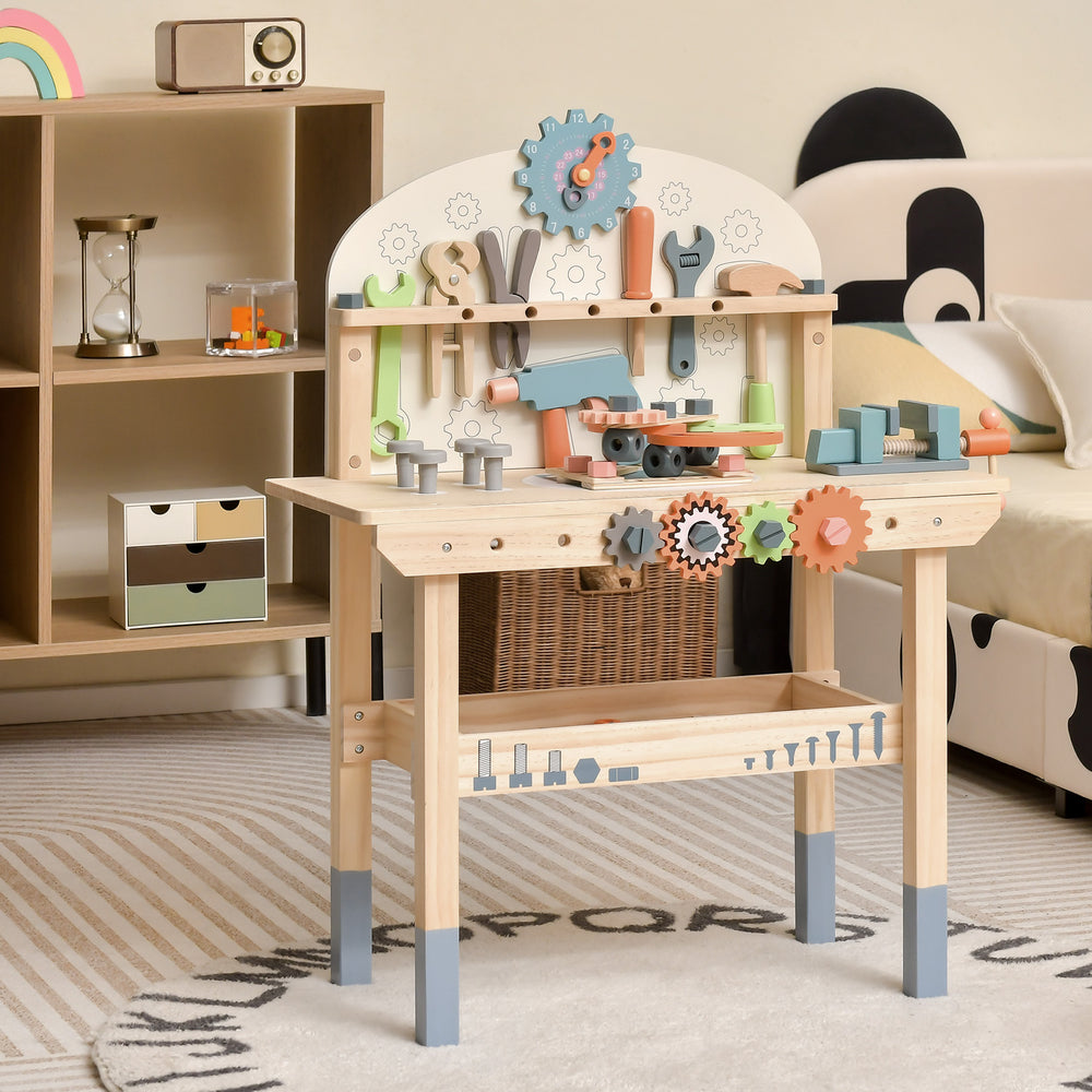 Kids play tool workbench showcasing a sturdy wooden frame, round corners, and a fun wooden clock for safe creative.