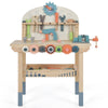 Kids play tool workbench featuring 8 wooden tools, 55 accessories, and a magnetic tool rack for creative play.