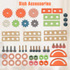 Colorful wooden accessories for kids' play tool workbench, including gears, screws, and storage pieces for creative.