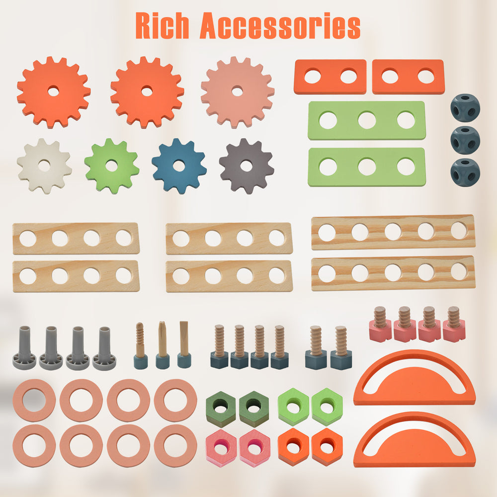 Colorful wooden accessories for kids' play tool workbench, including gears, screws, and storage pieces for creative.