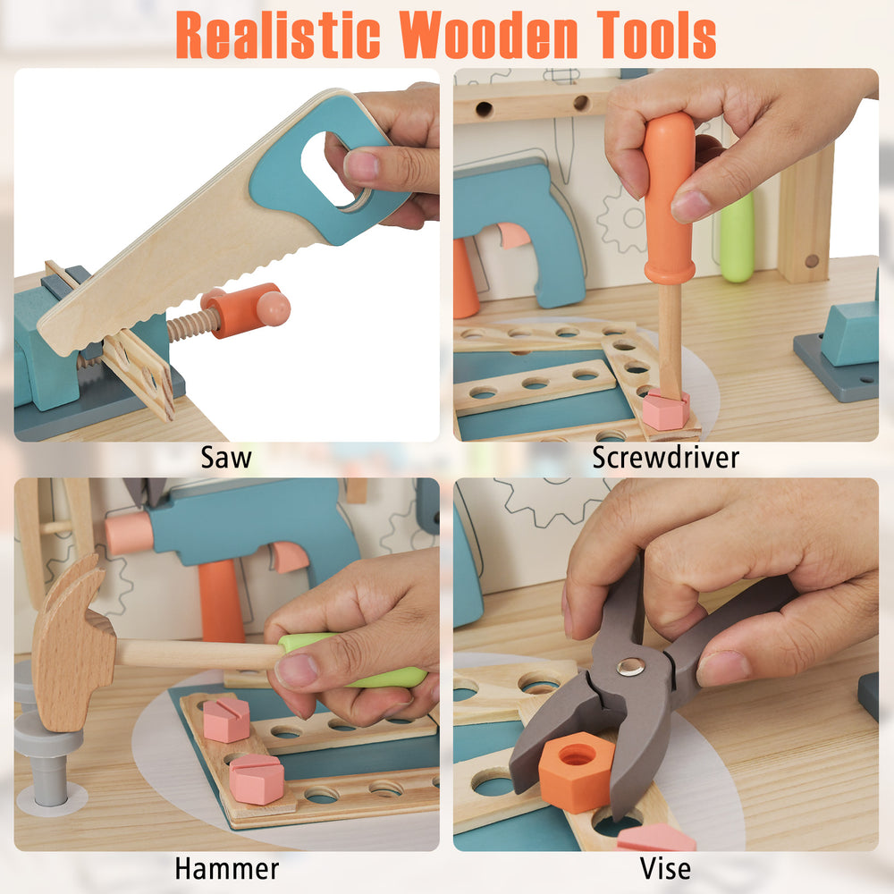 Kids play tool workbench featuring realistic wooden tools like a saw, hammer, screwdriver, and vise for imaginative.