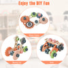 Colorful DIY toy accessories including a racing car, tank, and photo frame for kids' play tool workbench.
