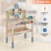 Kids play tool workbench with 8 wooden tools, 55 accessories, and 18" countertop height for toddlers' creative play.