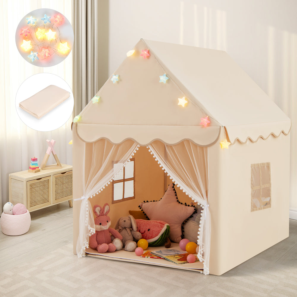 Kids Playhouse Tent with Star Lights and Mat-Beige - Gallery View 1 of 11