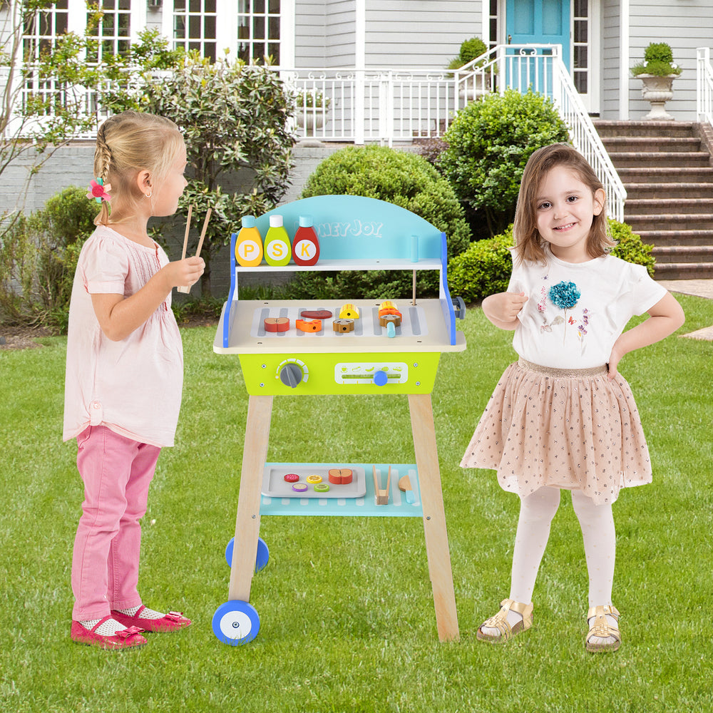 Kid's Pretend Barbecue Grill Play Set with 21 accessories, sturdy design, and rolling wheels for outdoor fun.