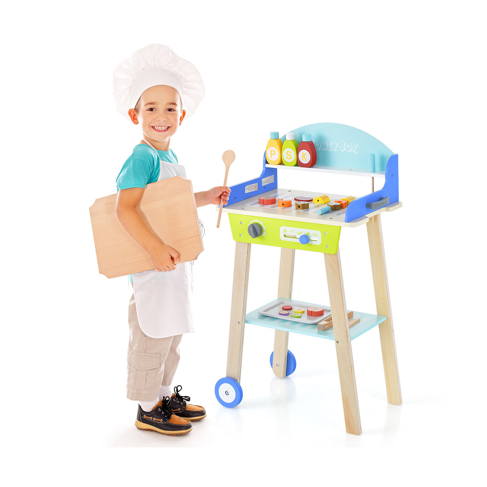 Kid's Pretend Barbecue Grill Play Set with 21 accessories, sturdy design, and rolling wheels for fun outdoor play.