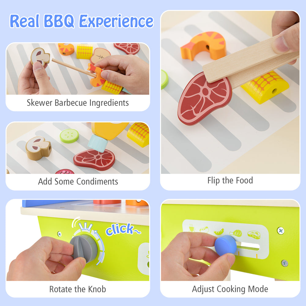 Kid's Pretend Barbecue Grill Play Set with 21 accessories, featuring a BBQ area, storage shelves, and rolling wheels.