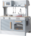 Double-sided kids pretend kitchen playset in gray with oven, microwave, and accessories for imaginative cooking fun.