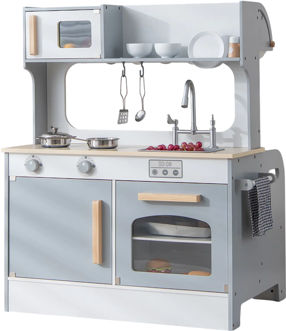 Double-sided kids pretend kitchen playset in gray with oven, microwave, and accessories for imaginative cooking fun.