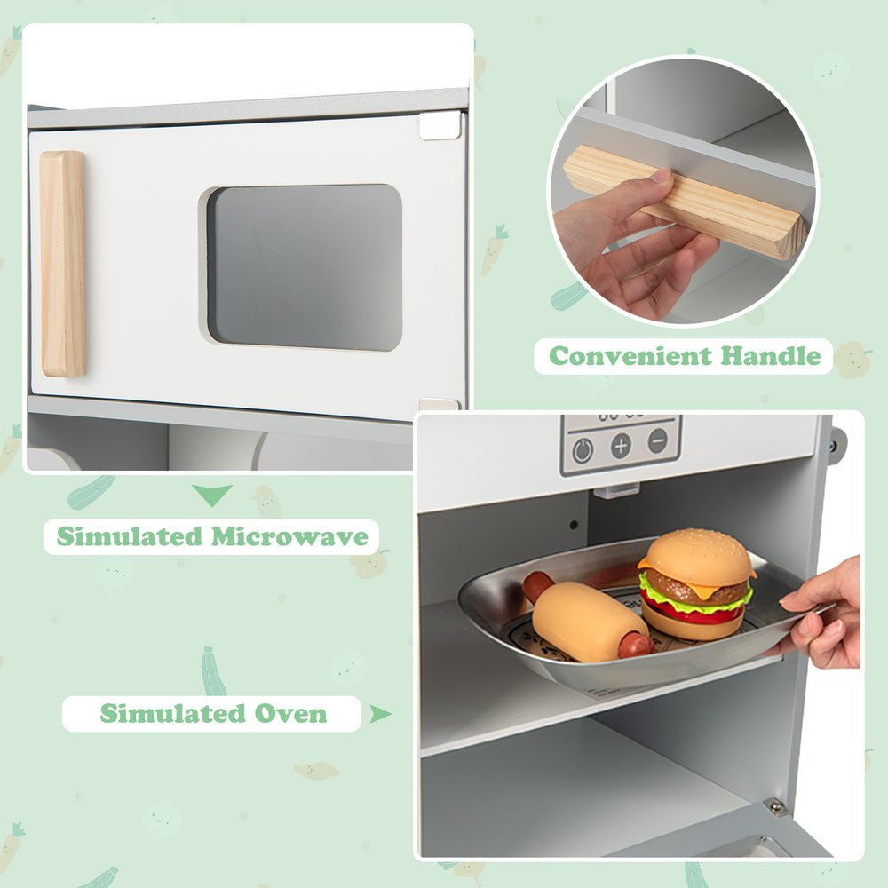 Double-sided kids pretend kitchen playset with simulated microwave, oven, and convenient handle for immersive cooking.