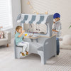 Double-sided kids pretend kitchen playset in gray with two seats, featuring a foldable awning and realistic cooking.