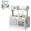 Double-sided kids pretend kitchen playset in gray with oven, microwave, and accessories for realistic cooking fun.