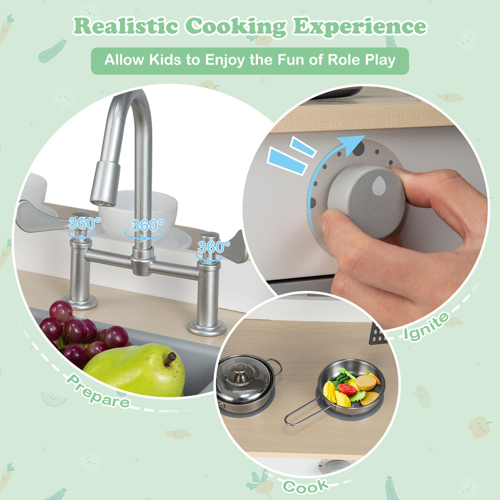 Double-sided kids pretend kitchen playset with 360° rotatable faucet, realistic cooking features, and ample storage.