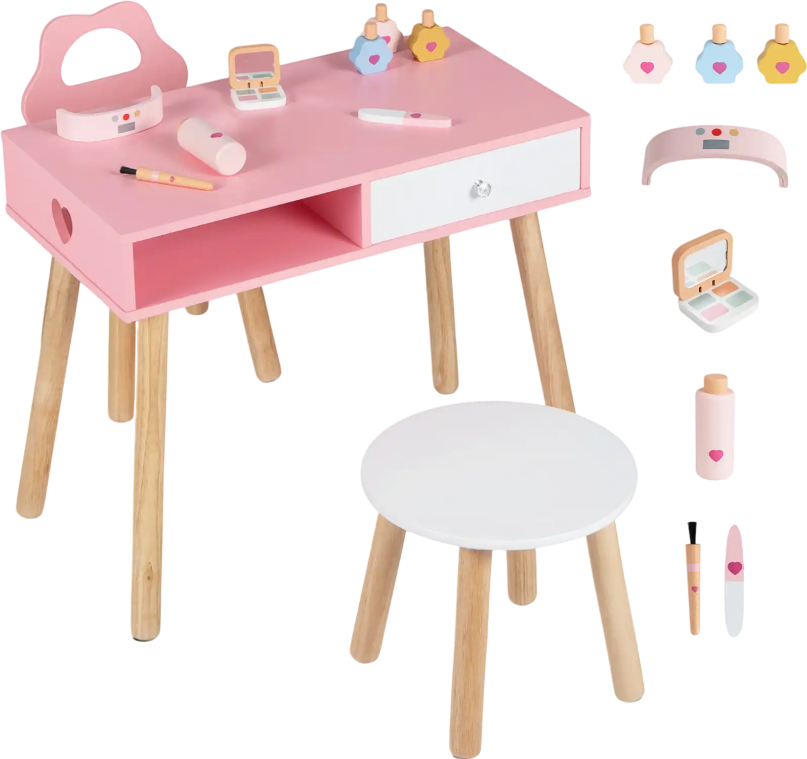 Costway Kids Wooden Pretend Nail Salon Vanity Playset Chair Stool Eye Shadow 53285982 New