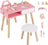 Kids pretend nail salon playset in pink with wooden legs, includes table, stool, and makeup accessories for imaginative.