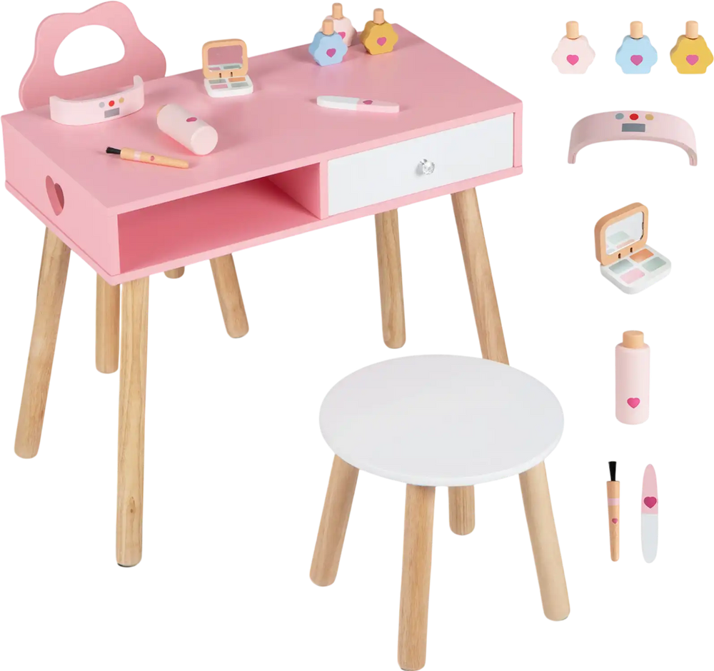 Kids pretend nail salon playset in pink with wooden legs, includes table, stool, and makeup accessories for imaginative.
