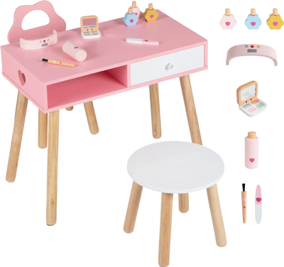 Costway Kids Wooden Pretend Nail Salon Vanity Playset Chair Stool Eye Shadow 53285982 New