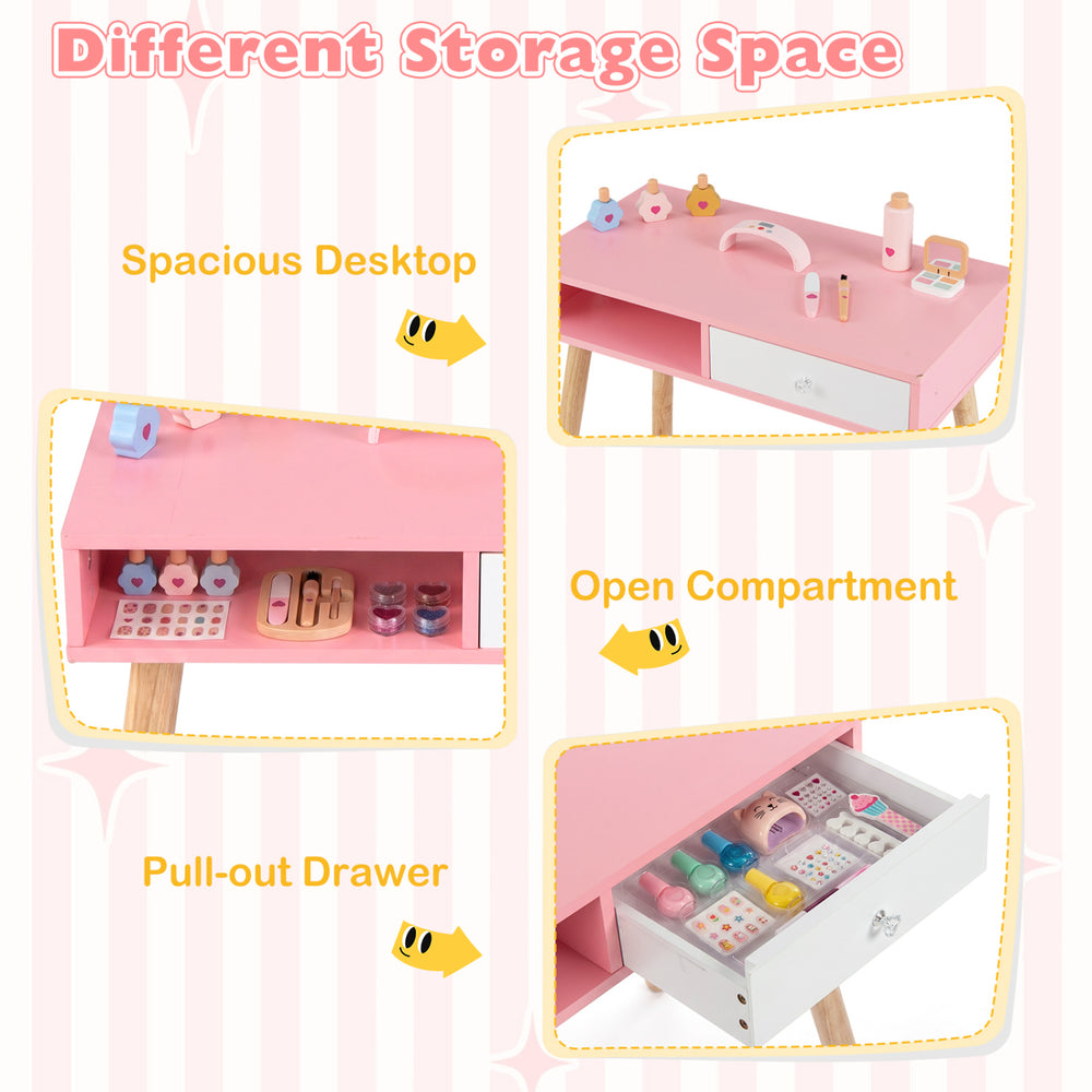 Kids pretend nail salon playset with pink desktop, open compartment, and pull-out drawer for ample storage.