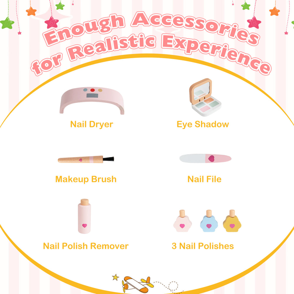 Kids pretend nail salon playset accessories including nail dryer, eye shadow, nail file, and polishes for imaginative.