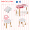 Kids pretend nail salon playset with pink desk, drawer, and wooden stools for toddlers' makeup and manicure fun.