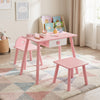 Kids pink pretend nail salon playset with wooden table, two stools, and ample storage for creative activities.