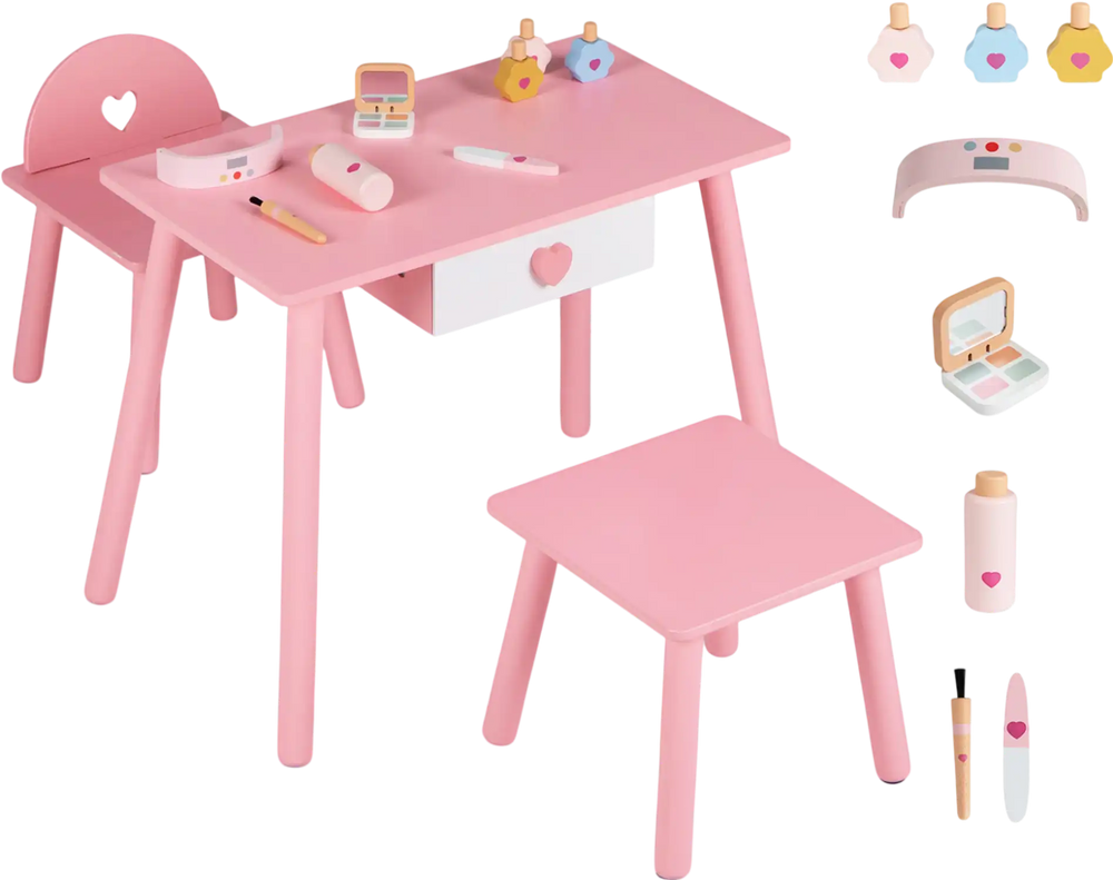 Kids pretend nail salon playset in pink with a table, chair, and accessories for imaginative play and storage.
