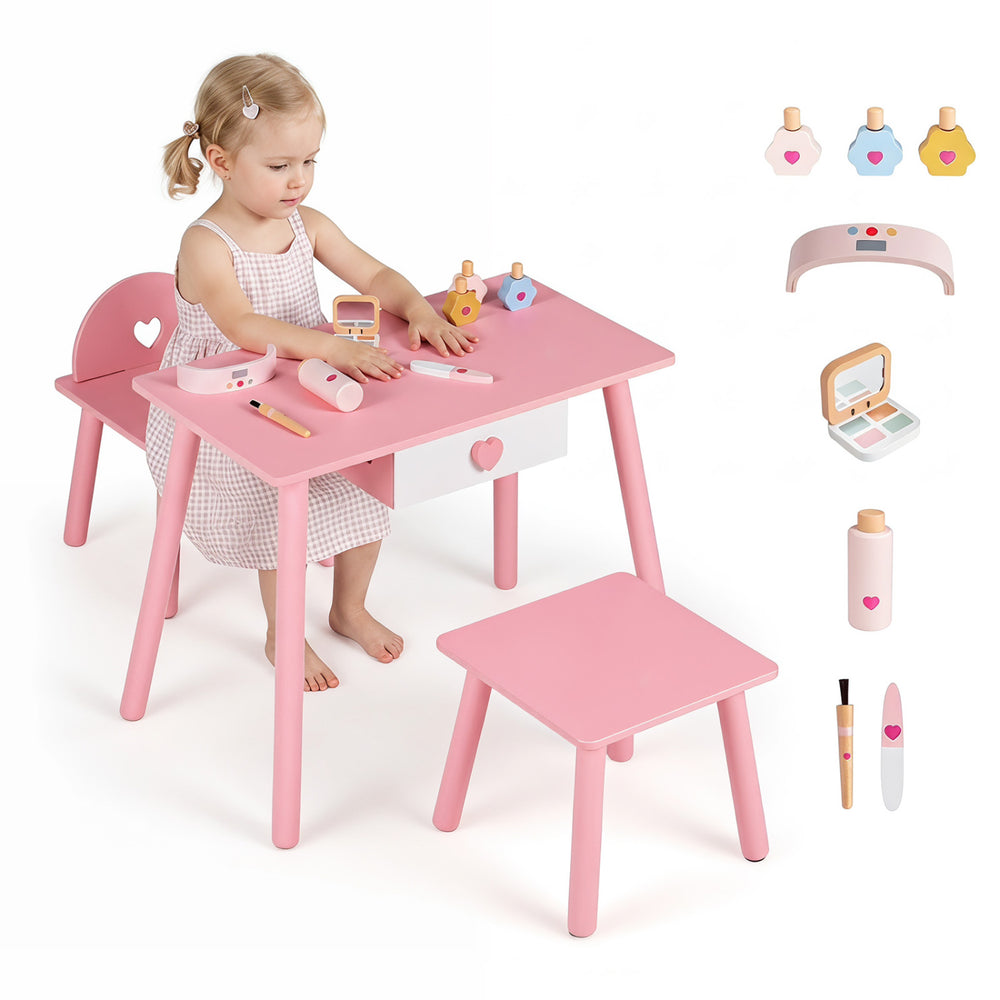 Kids pretend nail salon playset in pink featuring a table and stool, ideal for creative play and storage.